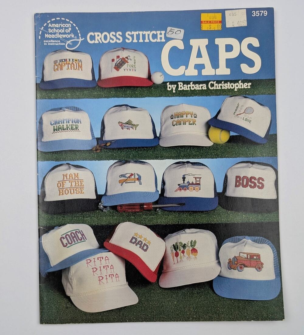 CROSS STITCH 1992 Vintage Needlepoint Ball-Cap Hat Instruction 17pg Book #3579